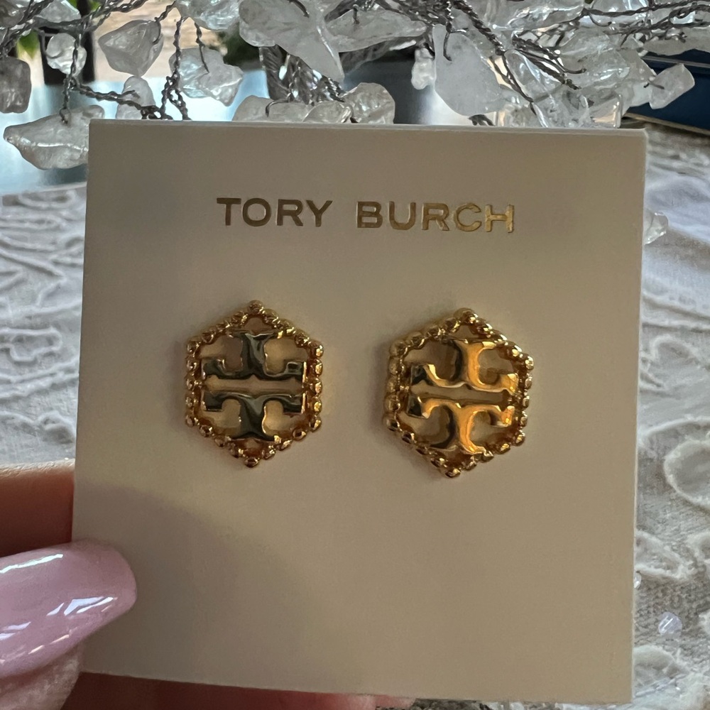 Tory Burch Gold Hexagon Logo Stud Earrings